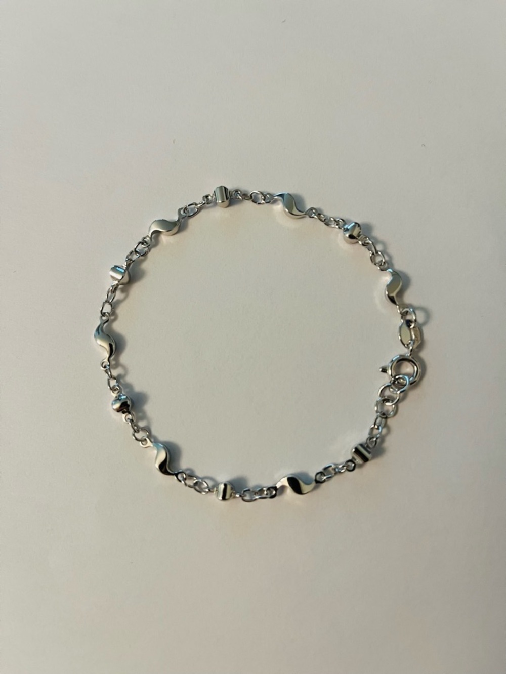 18k White Gold Plated Wave and Bead Bracelet 7 inch